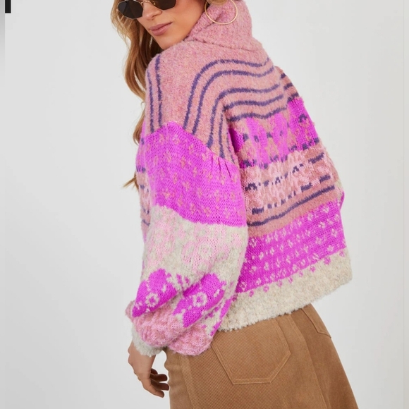 Vici Pink and Purple Patterned Turtleneck Sweater,  Size L. - Picture 2 of 16